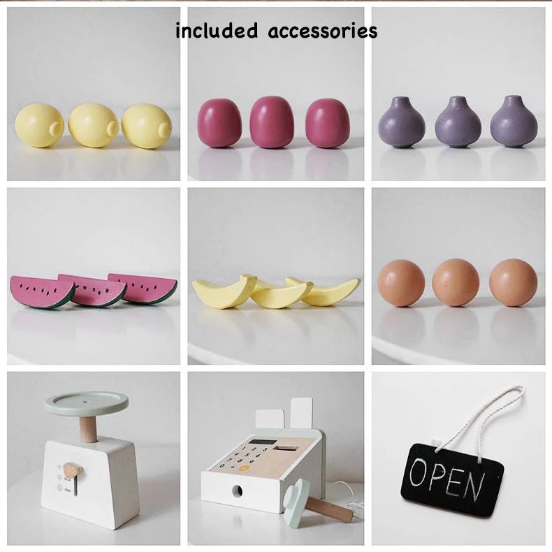 PLAYSET - Wooden Grocery Store + Push Cart