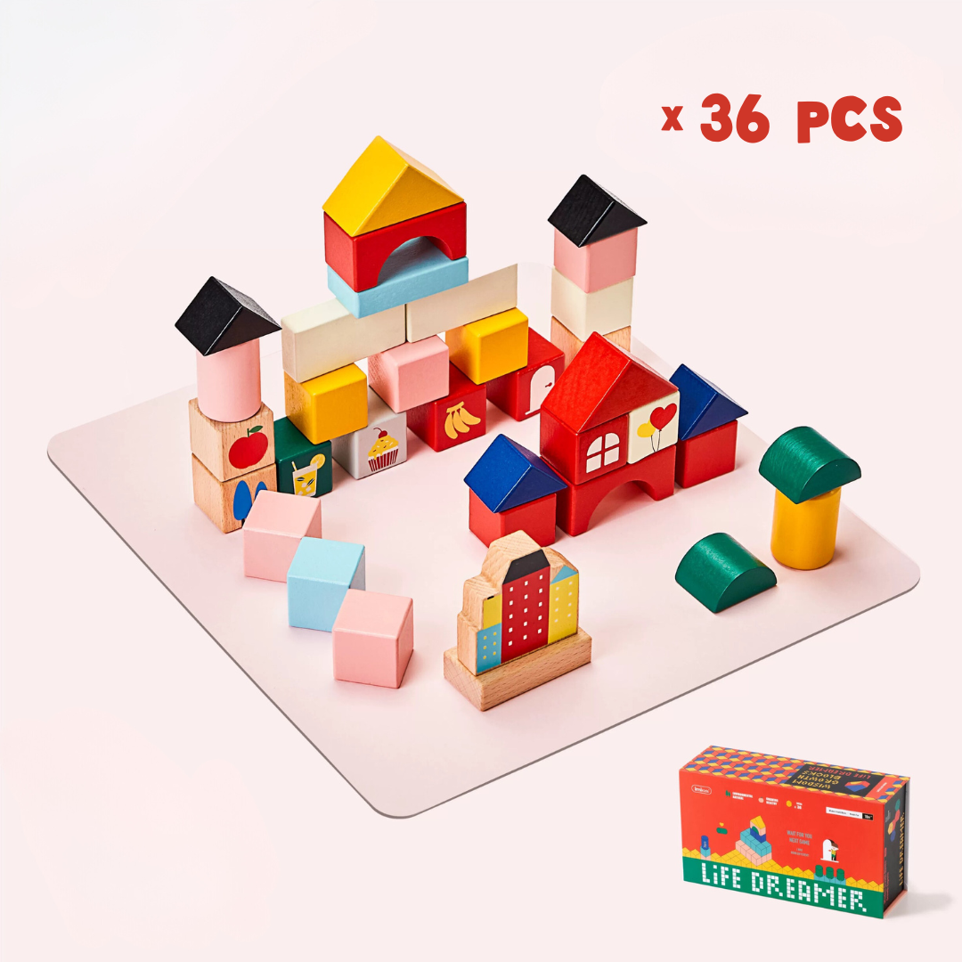 Wisdom Growth Wooden Building Blocks - 36 pcs with Draw String Bag